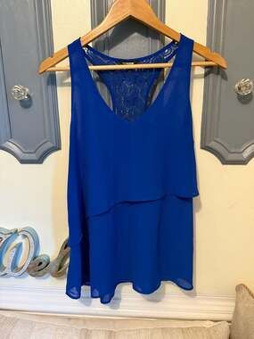 mymichelle Royal Blue Layered Chiffon Tank Top with Lace Racerback